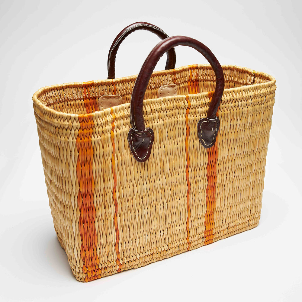 Ψάθινη Τσάντα - Δερμάτινα Χερούλια - Πορτοκαλί Ρίγες - Μεγάλο Μέγεθος