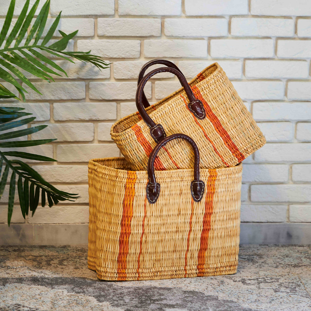 Straw Basket Bag -Leather Handles- Orange Stripes - Big Size