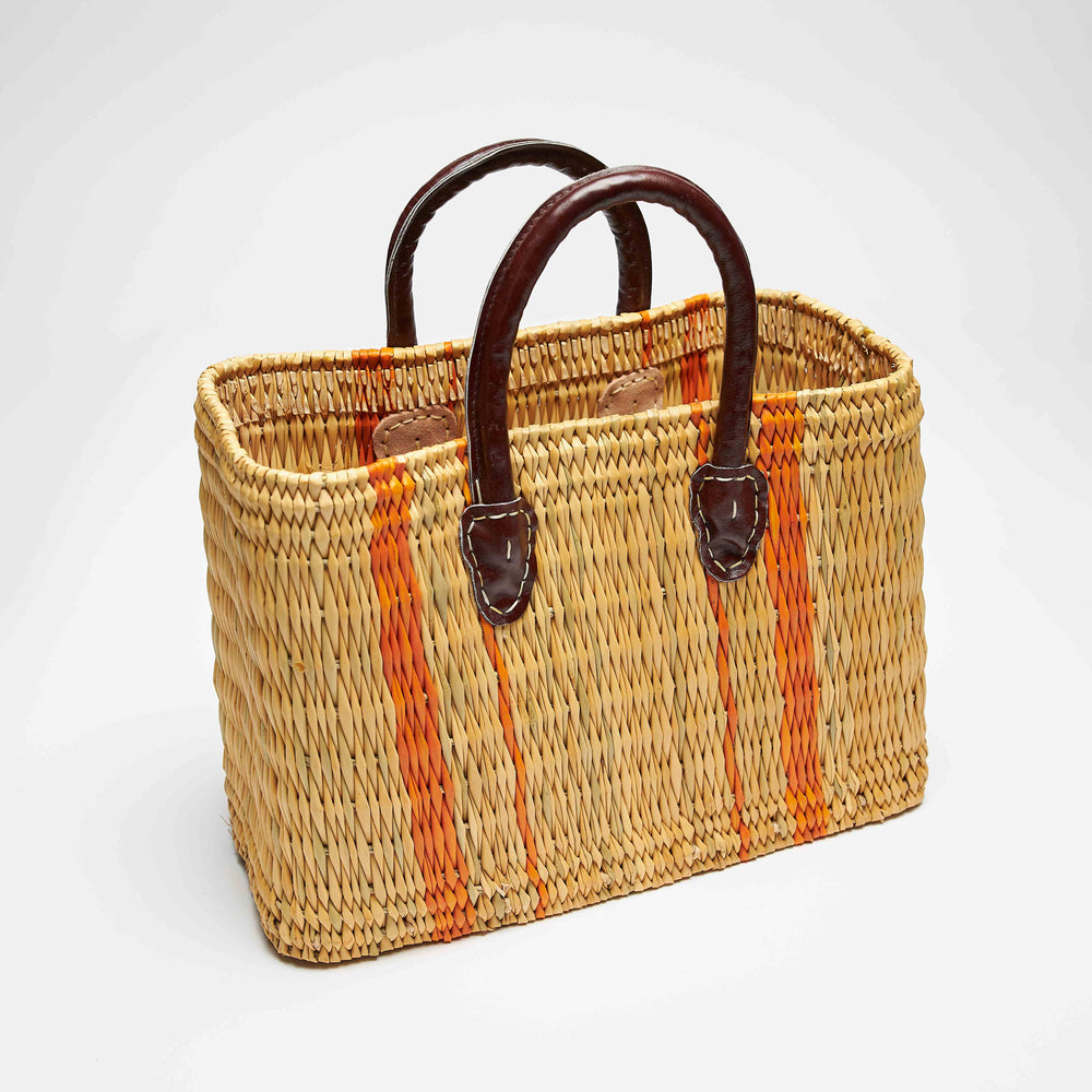 Ψάθινη Τσάντα - Δερμάτινα Χερούλια - Πορτοκαλί Ρίγες - Μικρό Μέγεθος
