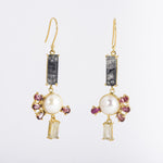 Asymmetrical Pendant Earrings with Pearl and Gemstones