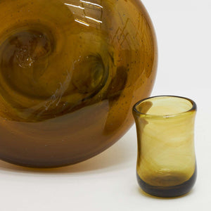 Bottle and Shot Glasses, Set in Honey Colour, Blown Glass