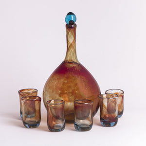 Bottle with Shot Glasses, Blown Glass Set in Copper Colour