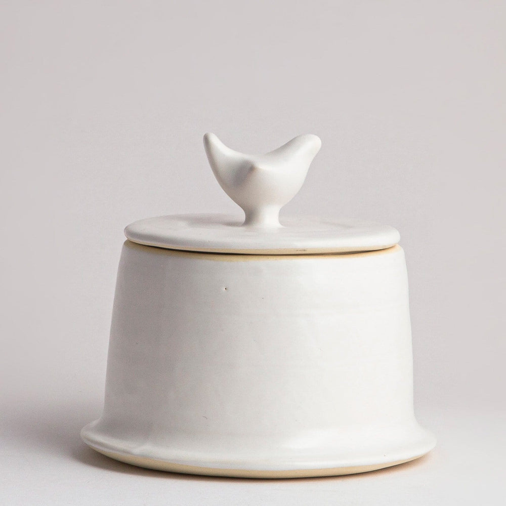 Covered Bowl, Bird on Lid, L in White
