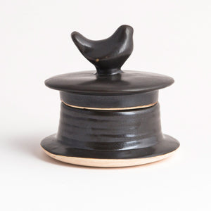 Covered Bowl, Bird on Lid, S in Black