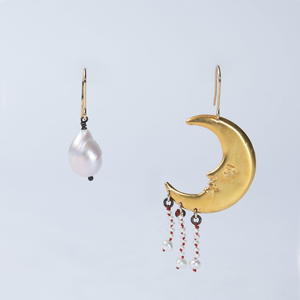 Crescent Moon and Pearl, Asymmetrical Earrings