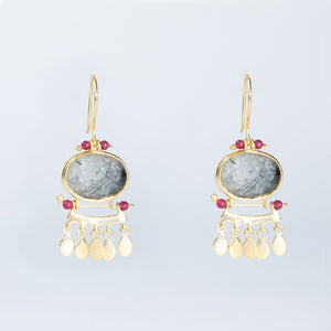 
                
                    Load image into Gallery viewer, Drop Earrings with Oval Rutilated Quartz and Rubies
                
            