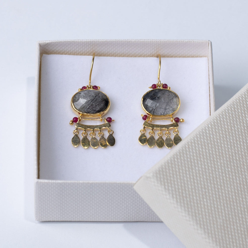 Drop Earrings with Oval Rutilated Quartz and Rubies