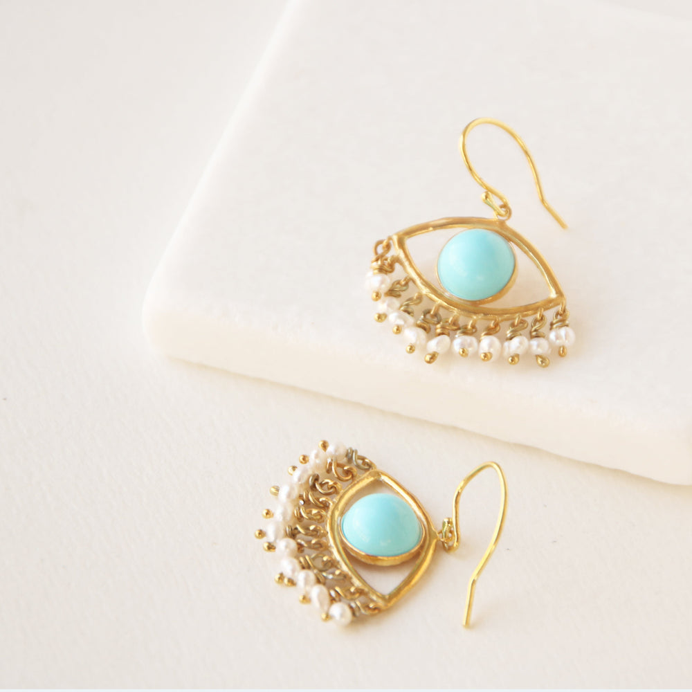 
                
                    Load image into Gallery viewer, Eye Shaped  Earrings with Baby Pearls in Turquoise
                
            