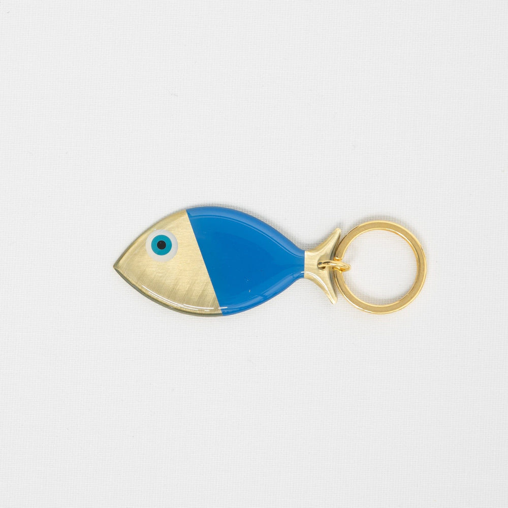 Keyring, Fish with Evil Eye, Bronze in Blue