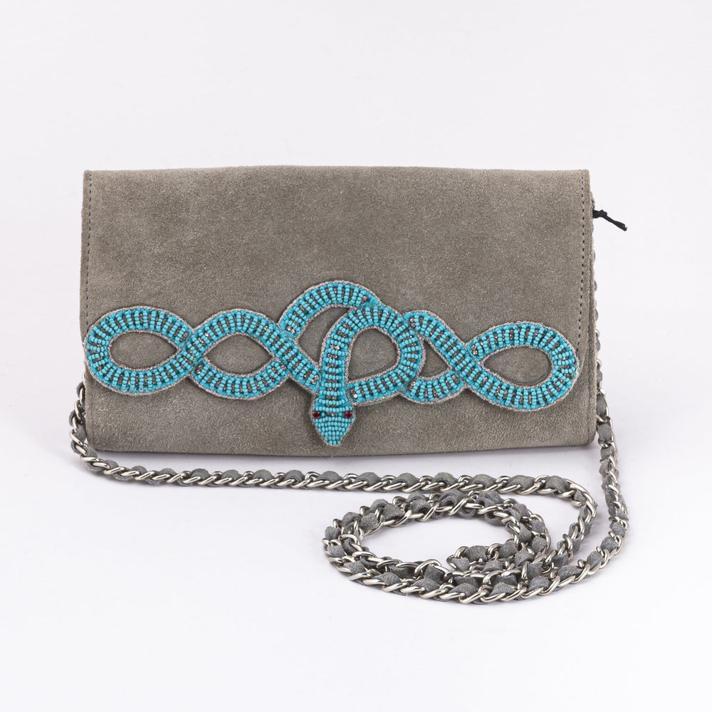 Leather Clutch - Turquoise Beaded Snake