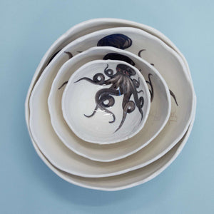 Porcelain Hand Painted Bowl, Octopus, Medium