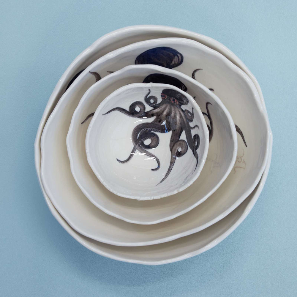 Porcelain Hand Painted Bowl, Octopus, Large