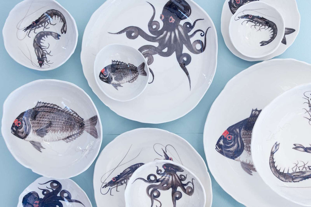 Porcelain Hand Painted Bowl, Octopus, XLarge