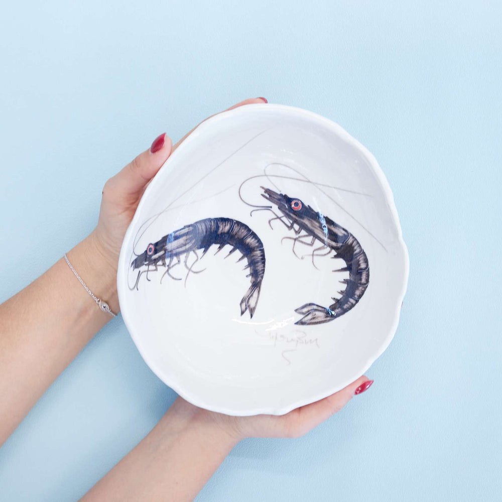 Porcelain Hand Painted Bowl, Shrimps, Large