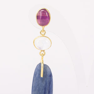 Post Kyanite Earrings with Moonstone and Tourmaline