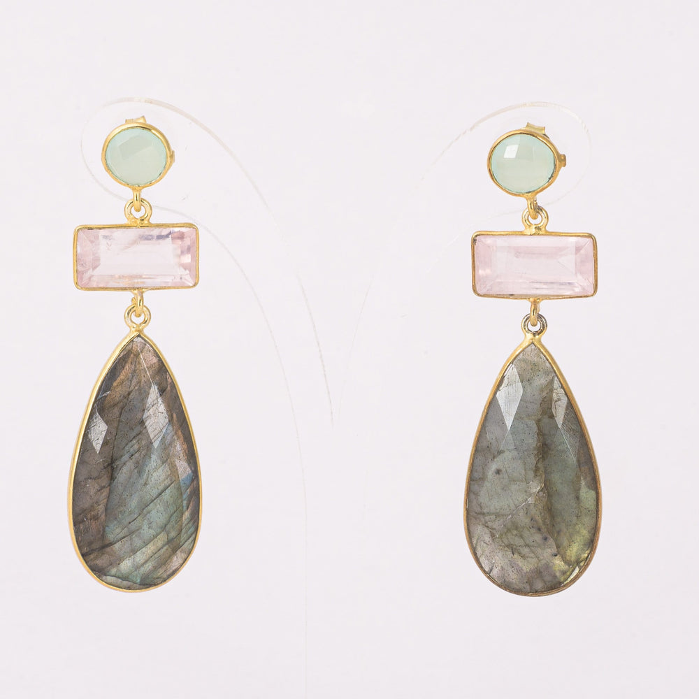 
                
                    Load image into Gallery viewer, Post Labradorite Earrings with Quartz
                
            