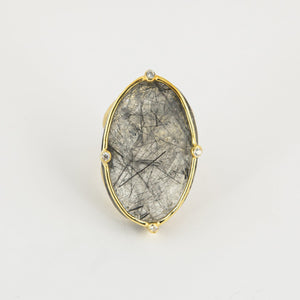 Rutilated Quartz Ring, Oval, Gold Plated Silver