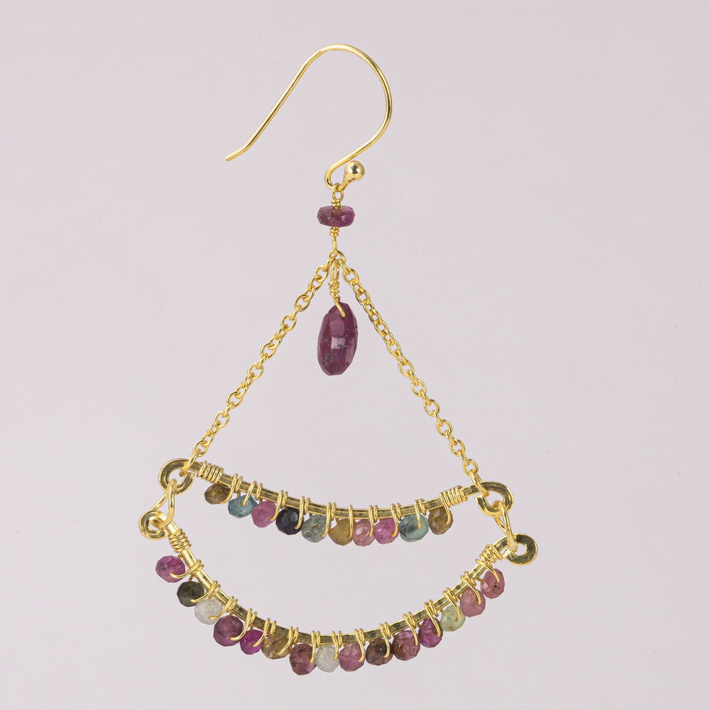 
                
                    Load image into Gallery viewer, Semicircles Pendant Earrings with Multi-coloured Toumalines
                
            