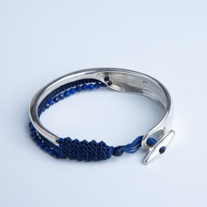 Silver Handmade Bangle with Lapis and Macrame